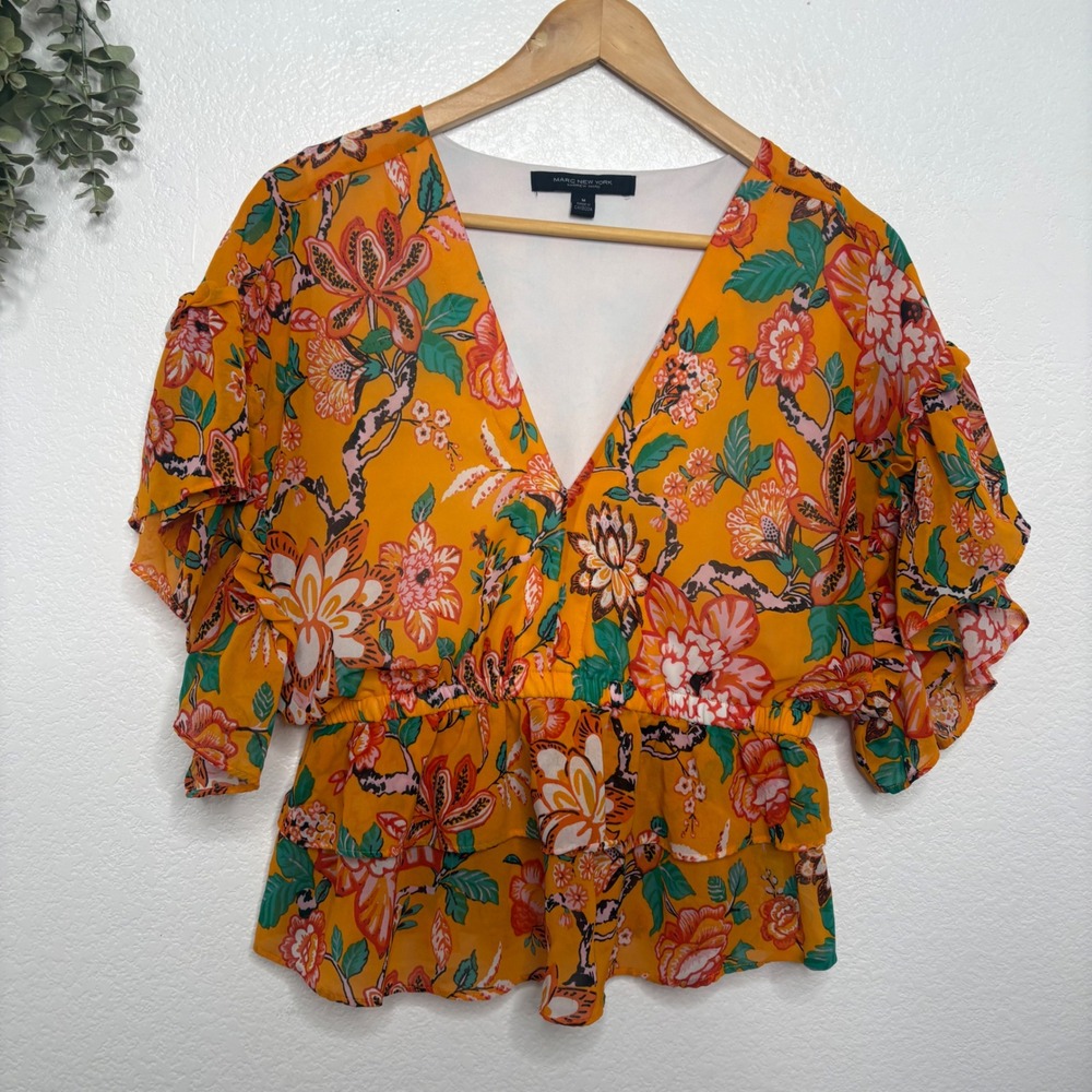 Marc New York Floral Peplum Blouse Orange V-Neck Ruffle Sleeve Top Medium - Picture 2 of 6